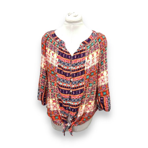 Figueroa & Flower Womens Boho Floral Top PL 100% Rayon Multicolor Tie Front - Picture 1 of 8